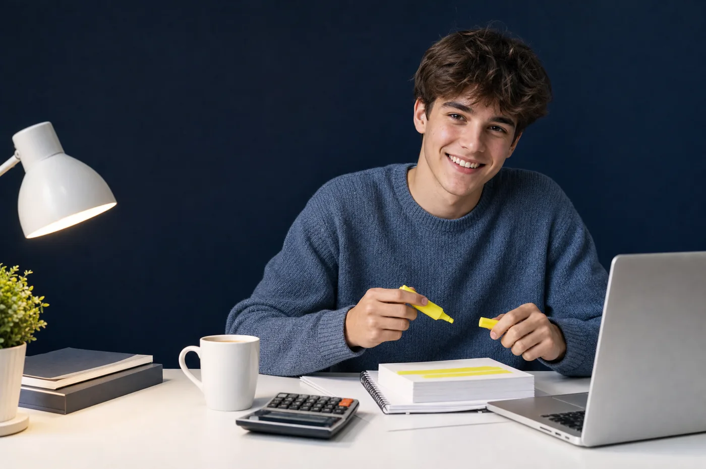 A student at a desk with a highlighter, calculator and index cards